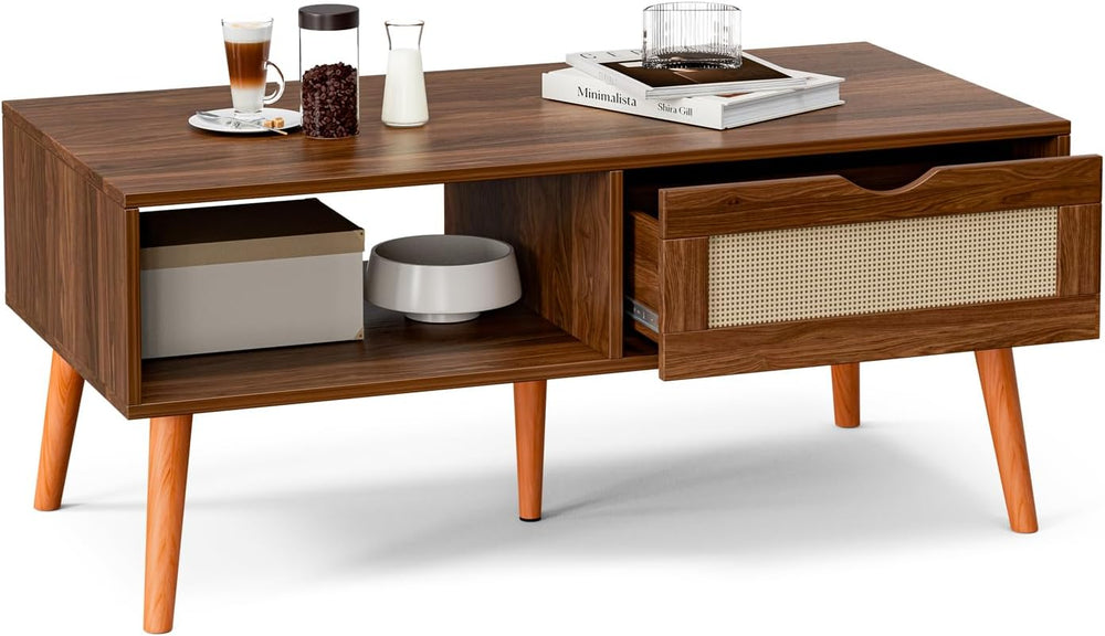 ZttRiee Rattan Coffee Table with Drawer, Mid-Century, Walnut