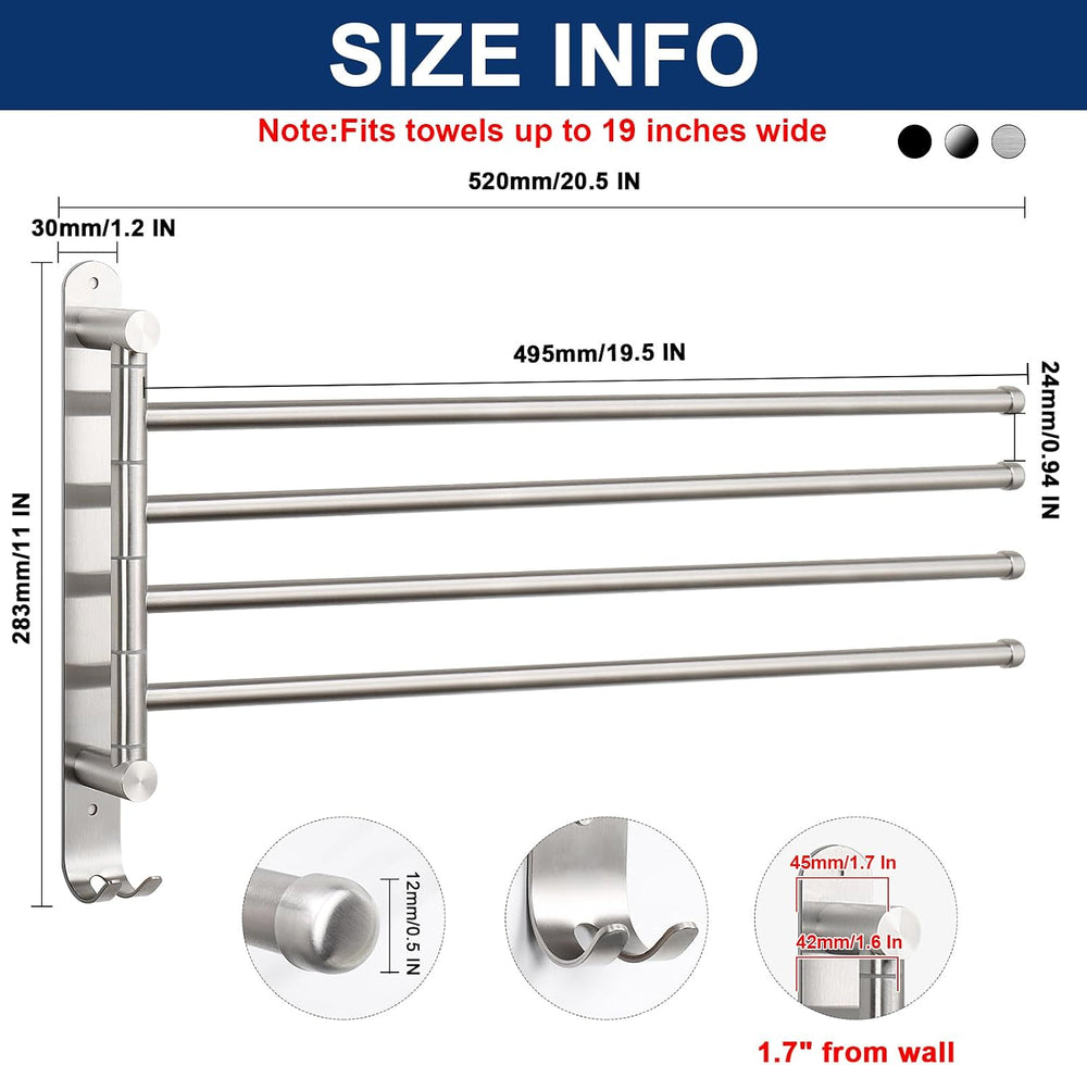 NearMoon Swivel Towel Rack, 19.5" Thicken 304 Stainless Steel 4-Arm Towe...