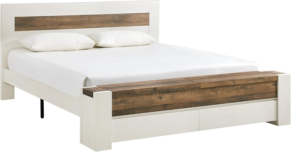 OKD King Bed Frame with Headboard and Footboard Storage Bench,Antique White
