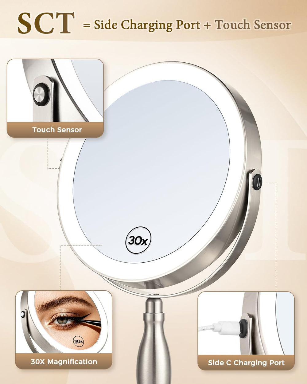8"Makeup Mirror with Light–Brushed Nickel, 30X Magnifying/1X Double Sided