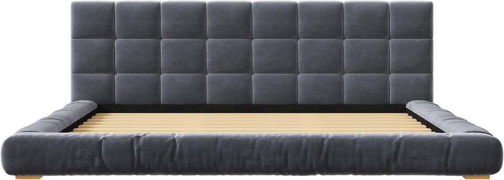 King Size Velvet Upholstered Low Profile Platform Bed with Channel Tufted Headboard and Sturdy Slat Support, No Box Spring Needed (Gray, King)