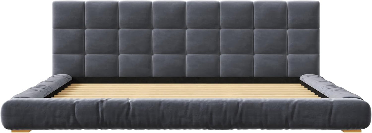 King Size Velvet Upholstered Low Profile Platform Bed with Channel Tufted Headboard and Sturdy Slat Support, No Box Spring Needed (Gray, King)