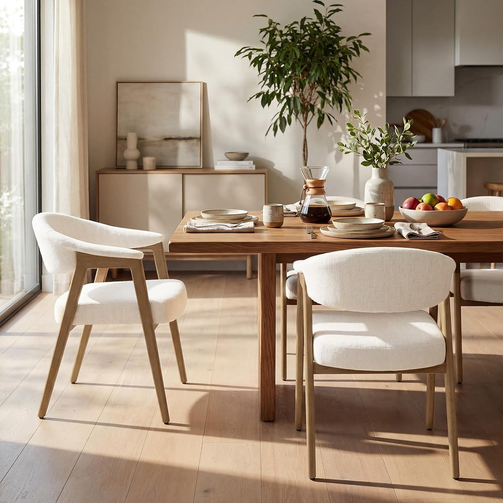 Dining Chairs with Arms Set of 4, Barrel Back, Solid Wood Legs/Linen Beige