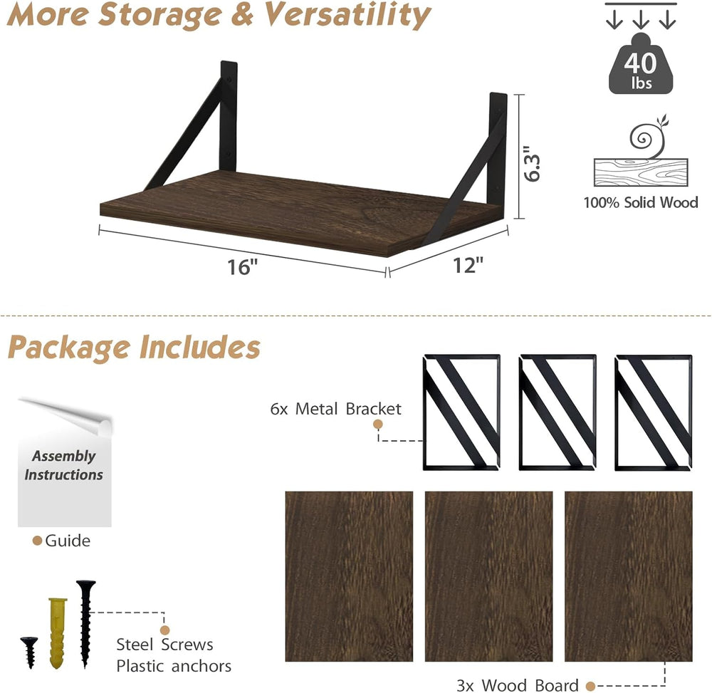 Forbena 12 Inch Deep Floating Shelves for Wall Set of 3, Wooden Wall Bookshel...