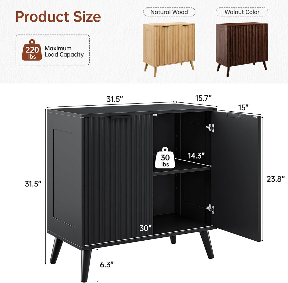 Black Sideboard Buffet Cabinet with Storage, 2 Doors Modern Fluted Buffet Cab...