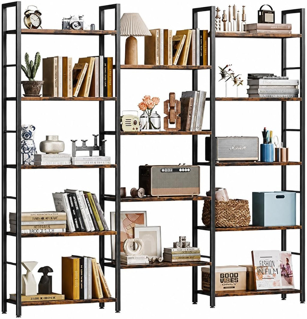 Shintenchi Large 5 Tier Bookshelf,Triple Bookcase, Tall Open Shelves