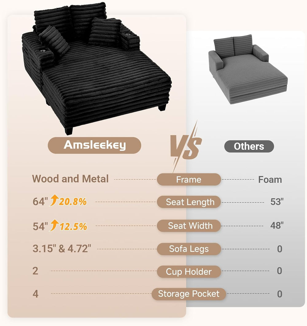 Amsleekey 64" Oversized Chaise Lounge Chair with Wood Frame, 2 Cup Holders