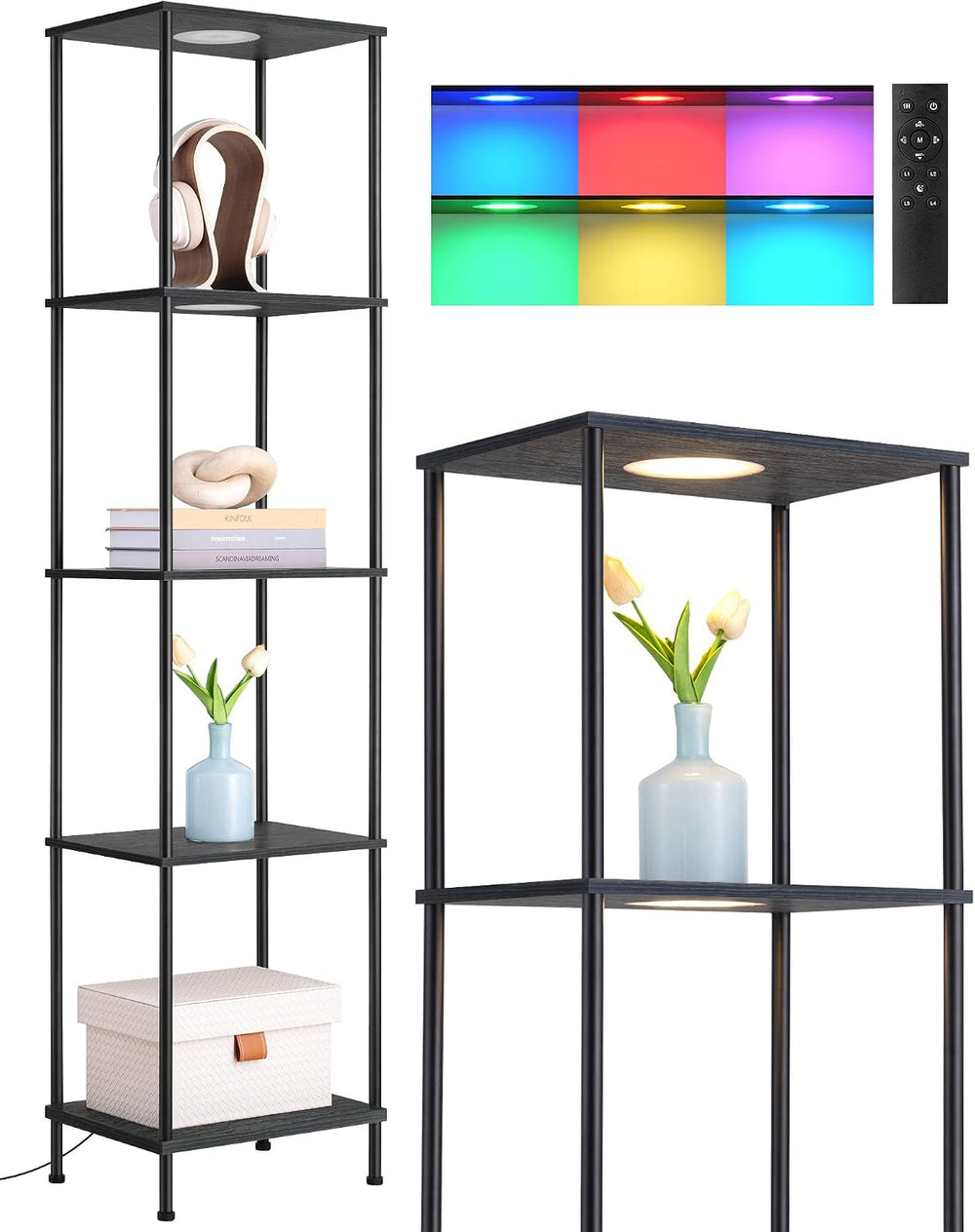 EDISHINE RGBW Floor Lamp with 5-Tier Display Shelf, 3 Modes Remote, Black
