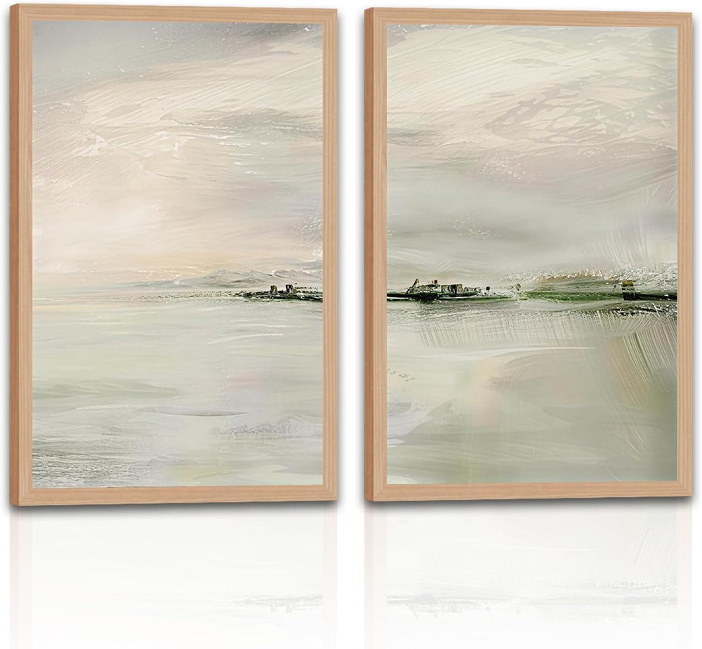 2pcs Framed Sage Green Abstract Wall Art Neutral Lake View