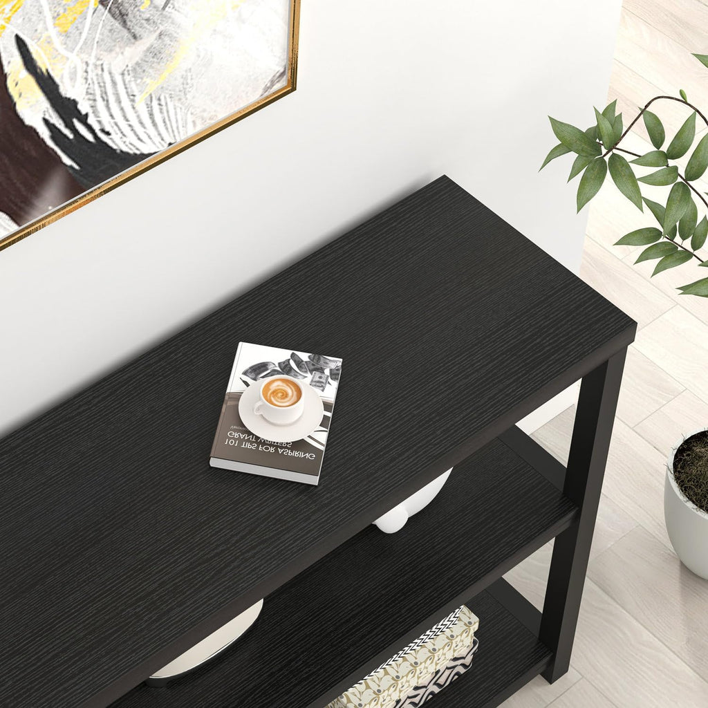 FOLUBAN Entryway Table, Modern Sofa Console Table with 3 Tier Storage Shelf for Living Room Hallway Foyer, Industrial Black Oak