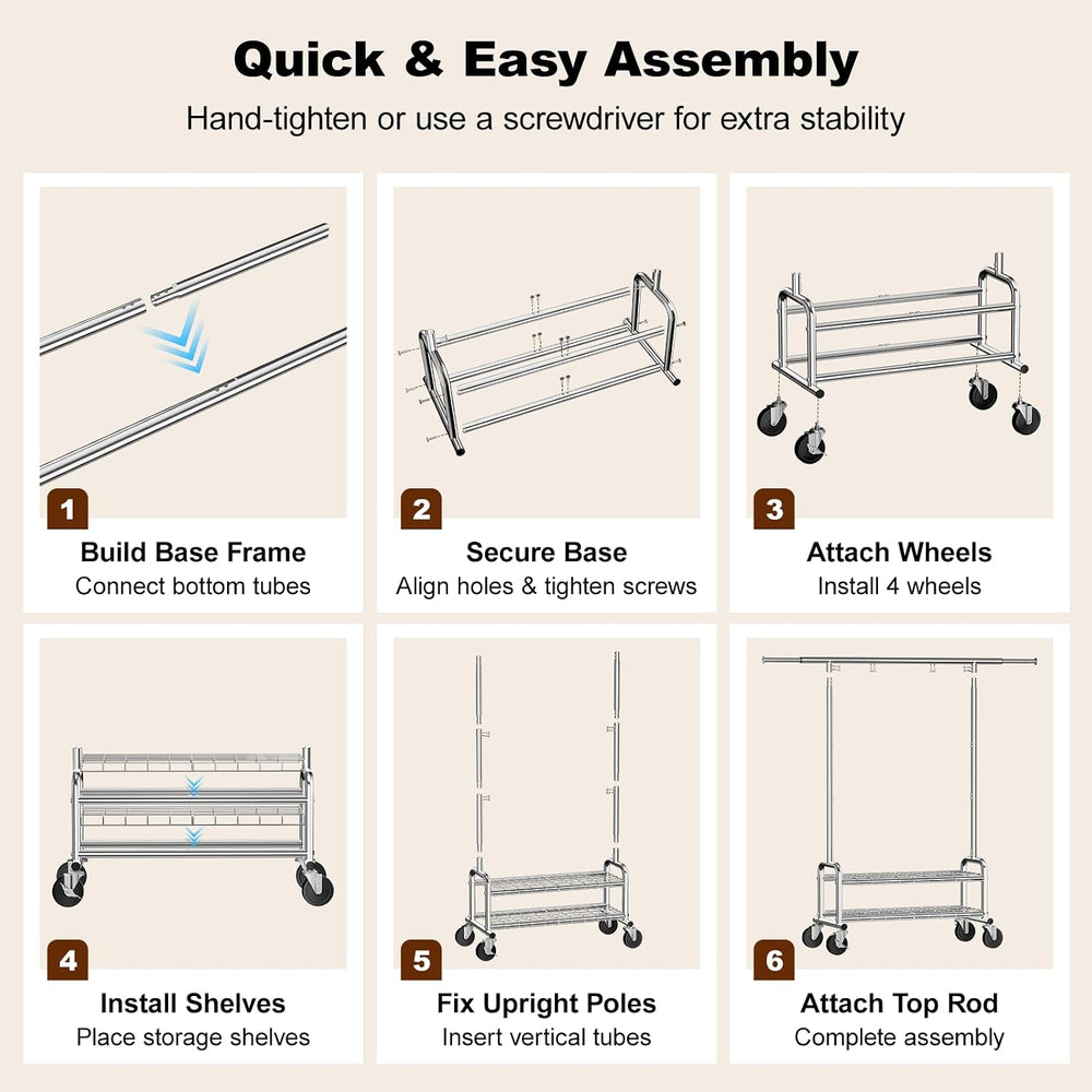 Clothes Rack Heavy Duty, 550 LBS Rolling Clothing Rack with Wheels, Silver