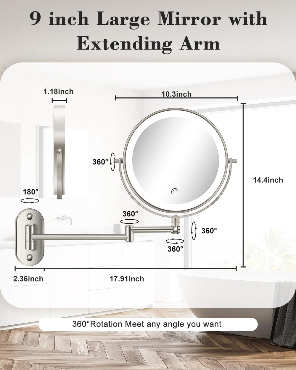 20X 9" Wall Mounted Magnifying Makeup Mirror with Light Height Adjustable