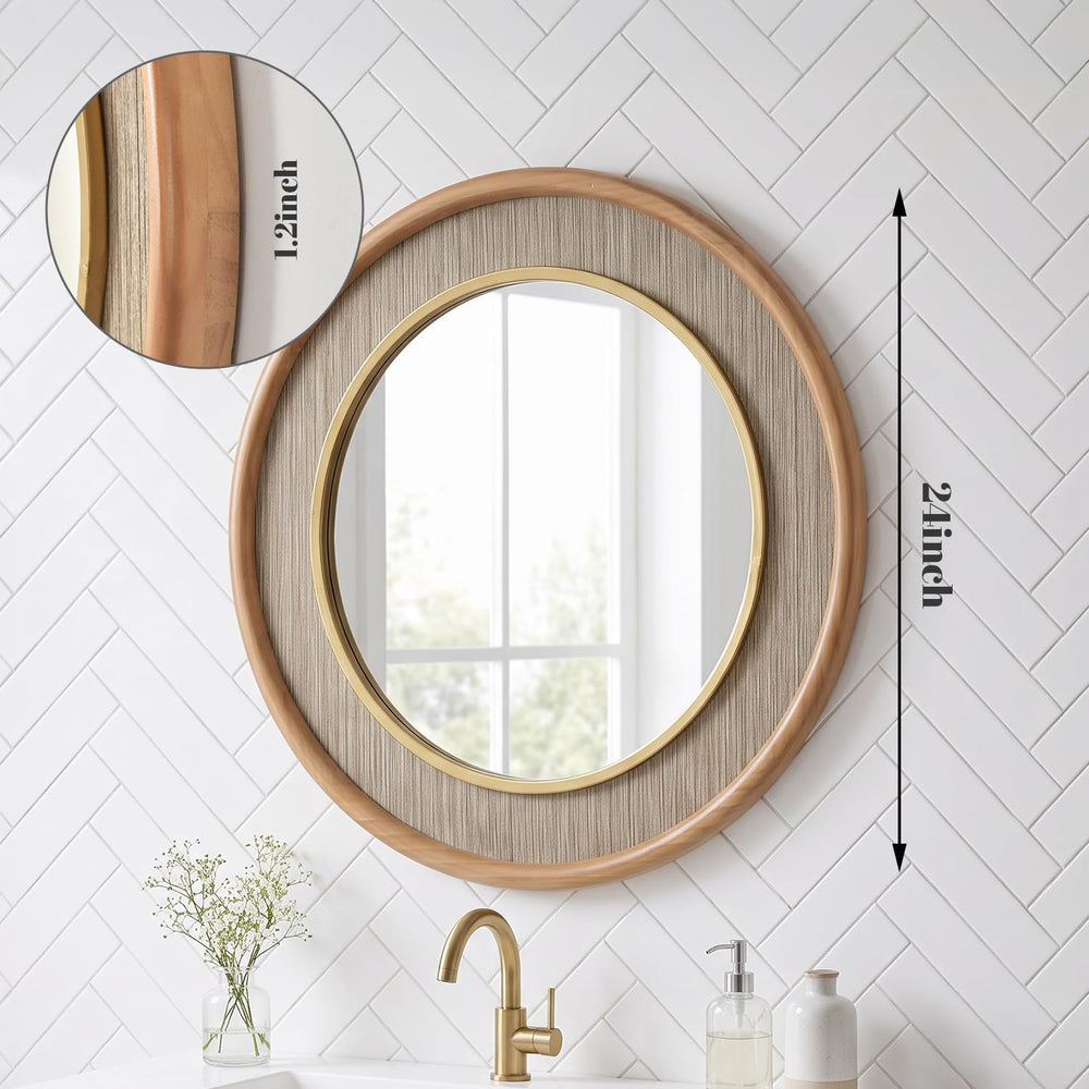 sawsile Round Wood Mirror 24" Natural Circle Bathroom Wall Mirrors