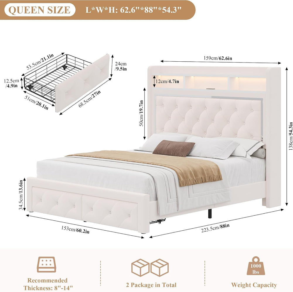 Keyluv Queen Velvet LED Bed Frame with 2 Drawers & Charging Station, Beige