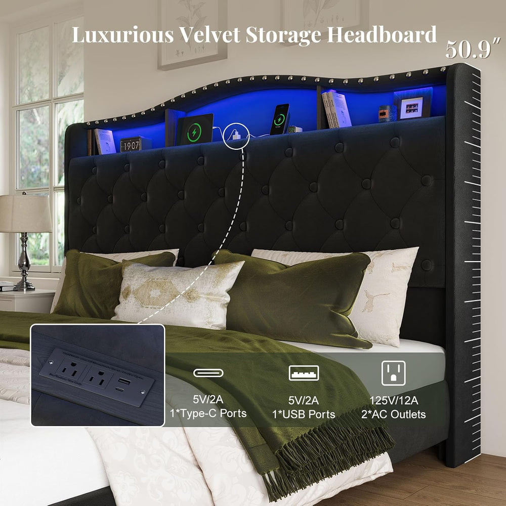 Belffin Platform Bed Frame with 50.9" LED Headboard, Queen Black