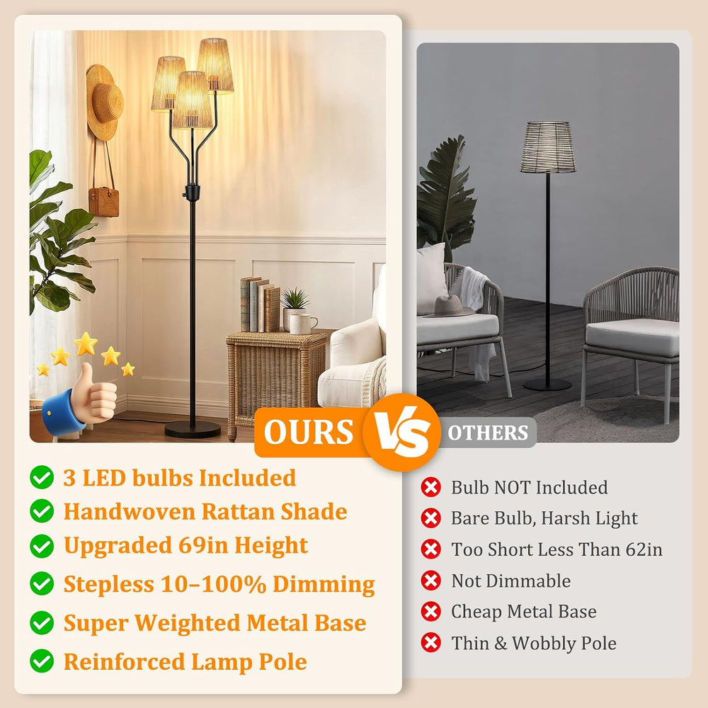 Bairth Boho Floor Lamp, Farmhouse Rattan 3-Light Floor Lamp for Living Room