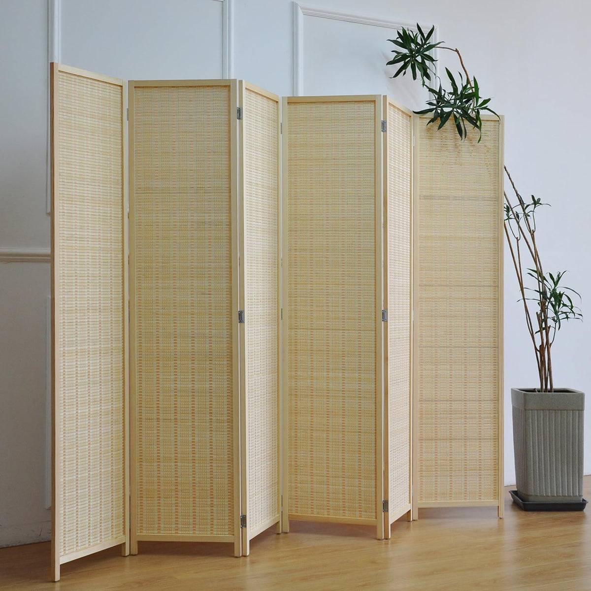 Furnnylane 6 Panel Bamboo Room Divider – 5.6 ft Tall Folding Privacy Screen, Natural Beige Freestanding Room Partition Wall (67" H x 92.1" W, 6-Panel)