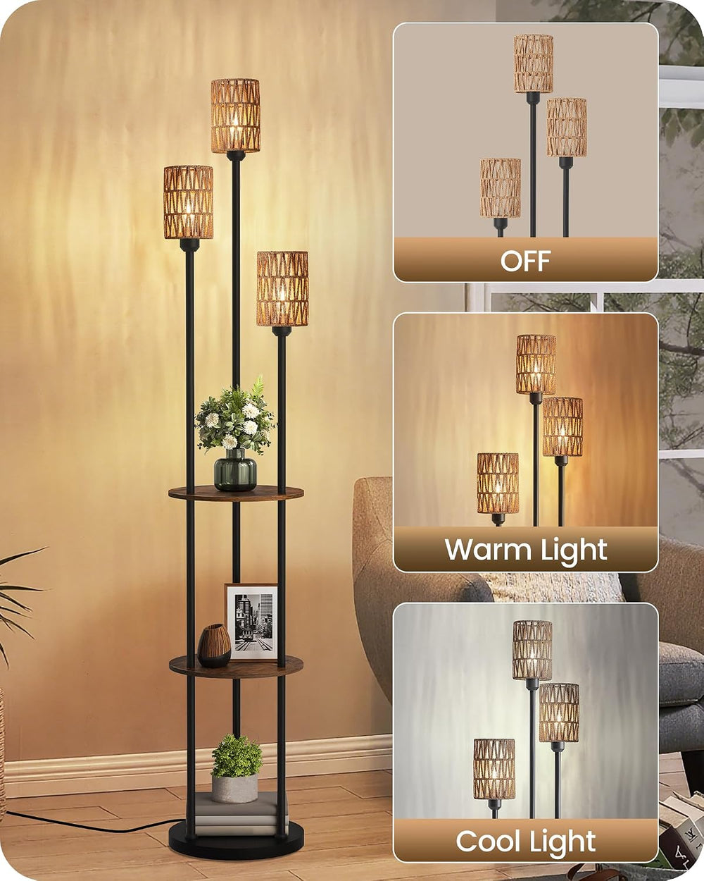 Floor Lamp with Shelves, Boho Floor Lamp with Foot Switch, 3-Light Standing L...