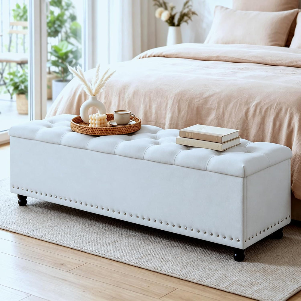 51" Storage Ottoman Bench with Wooden Legs & Soft-Close, White-Gray