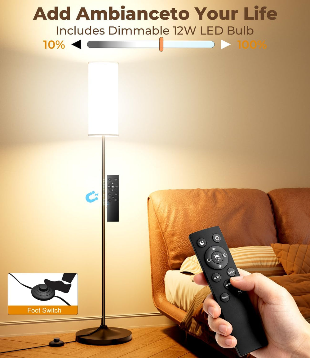 USTO Dimmable Floor Lamp with Remote,12W Led Bulb and Foot Switch, Black