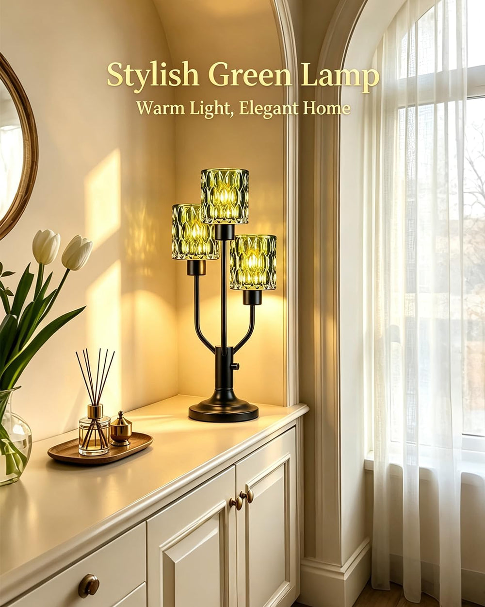 Mid Century Modern Green Glass Table Lamp Dimmable 3 Bulbs Included