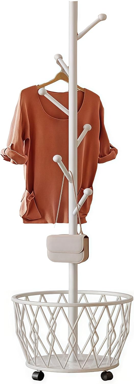 Off-White Moveable Tree Metal Coat Rack with Basket Freestanding 65"