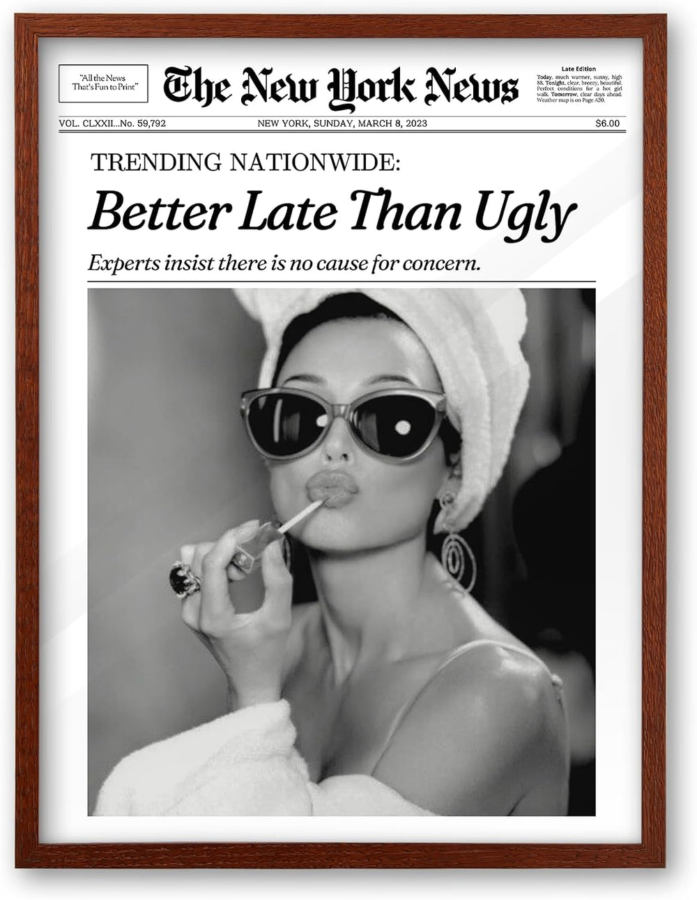 iHery 12x16in Audrey Hepburn Better Late Than Ugly Framed Bathroom Art