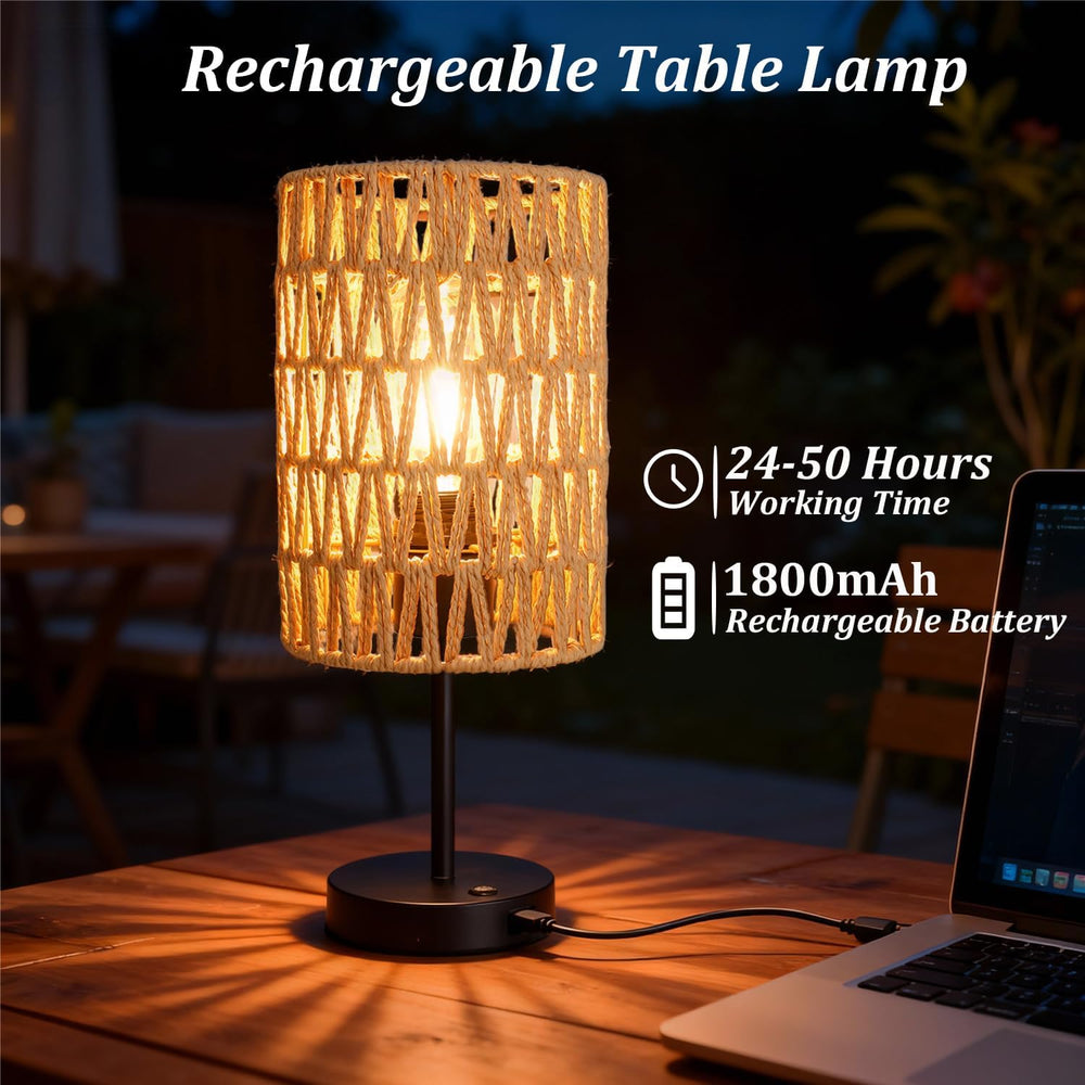 Rechargeable Outdoor Table Lamps, Rattan Boho Cordless Battery Operated Table...