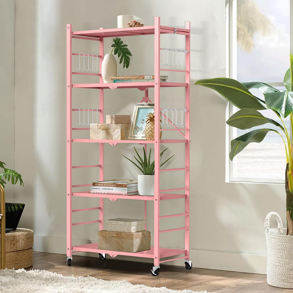 Himix 5-Tier Folding Storage Shelves with 20 Hooks Wheels Home Pink