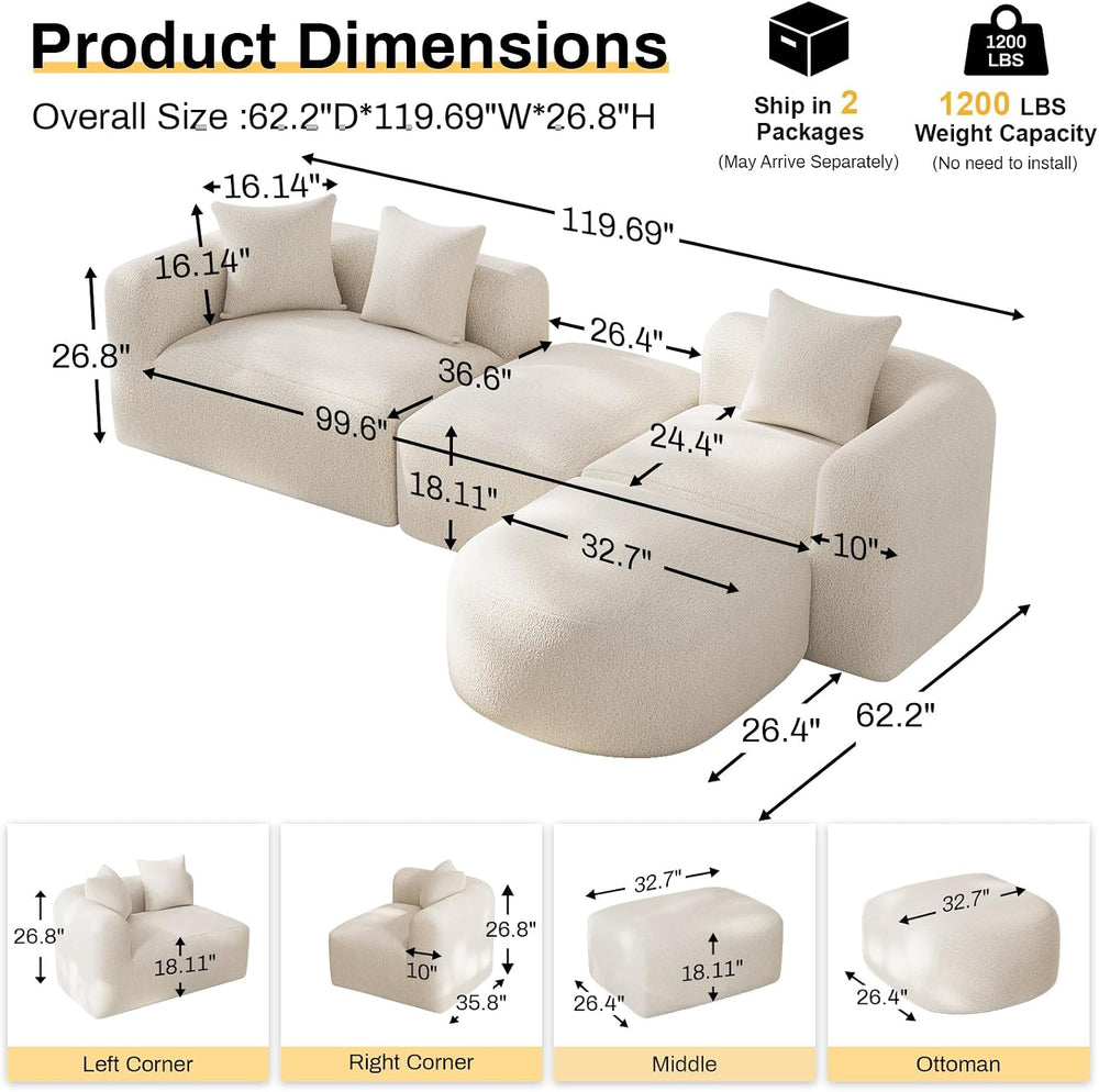 OUYESSIR 119" Curved Modular Sectional Sofa with Ottoman, Cream White