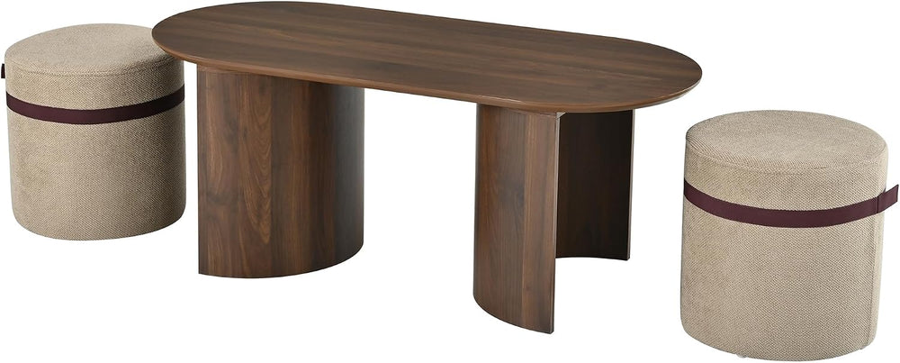 Merax 3-Piece Oval Coffee Table Set with 2 Nesting Ottoman Stools, Brown