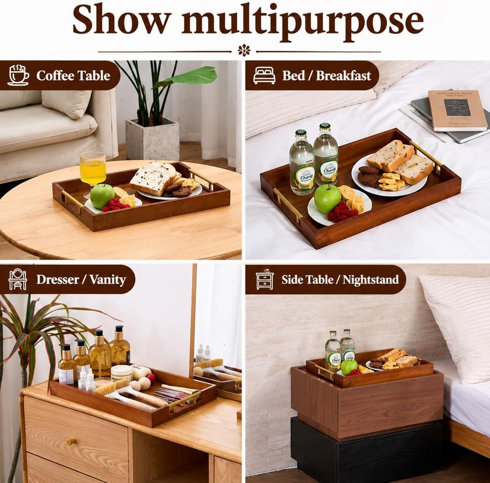 Acacia Wood Serving Tray with Gold Handles – Coffee Table & Ottoman Tray