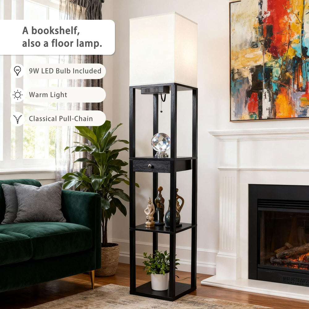 Shelf Floor Lamp with 1 Drawer,2 USB-C Ports,1 AC Outlets, Modern Wood Floor ...