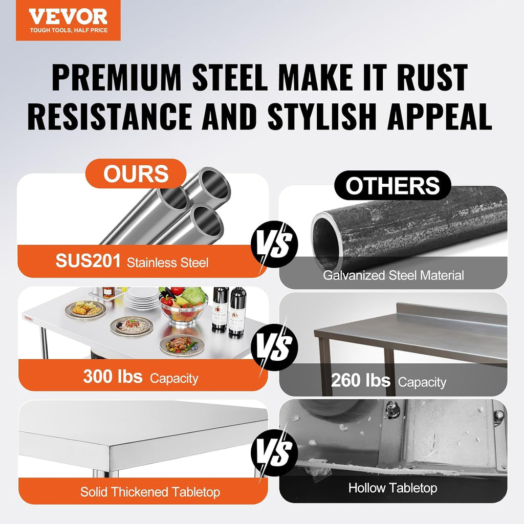 VEVOR Stainless Steel Foldable Work Table, 24 * 48 Inch Heavy Duty Food Outdoor Stainless Steel Worktable for Commercial Kitchen Restaurant