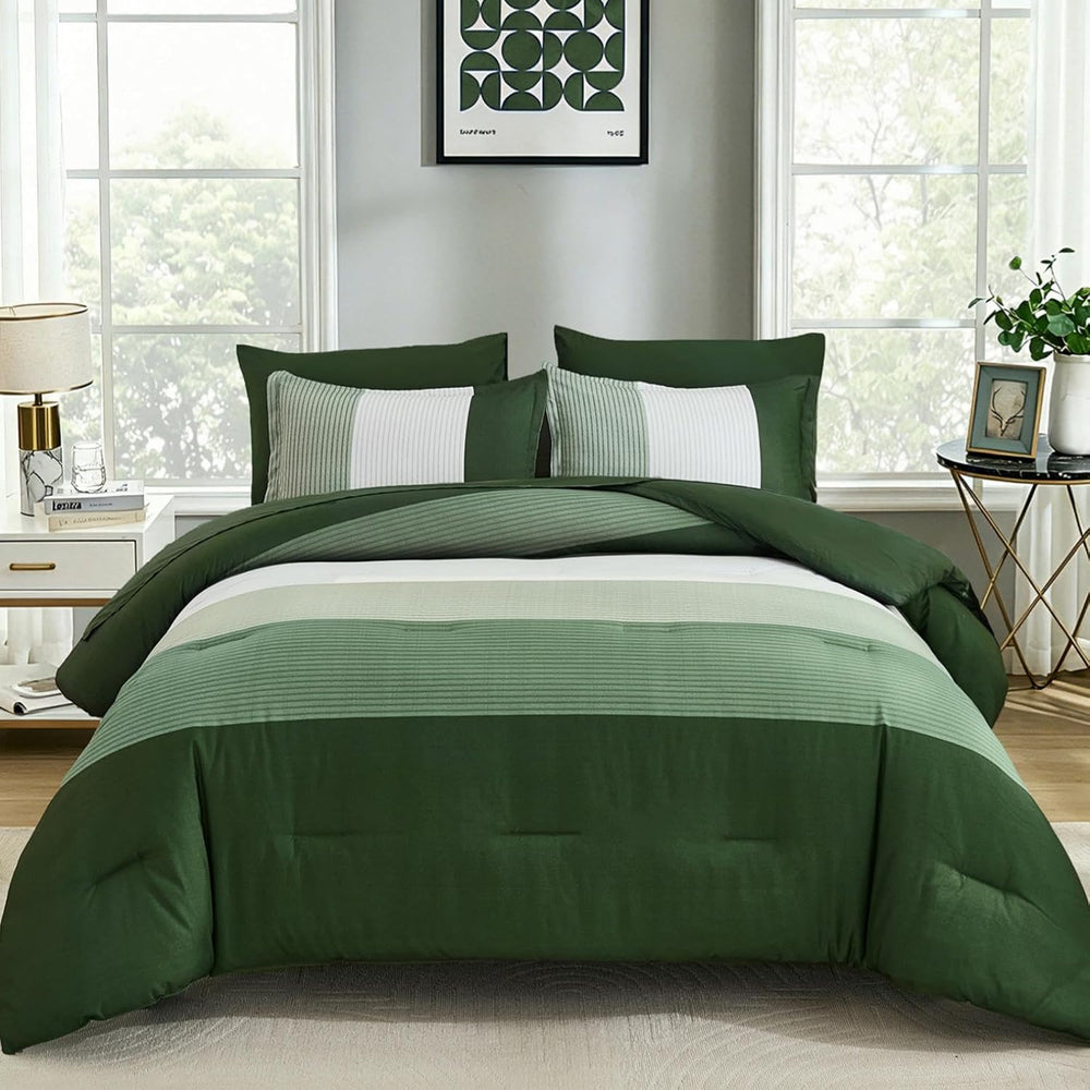 Queen Comforter Set Olive Green, 7 Pieces Boho Striped Bed in a Bag