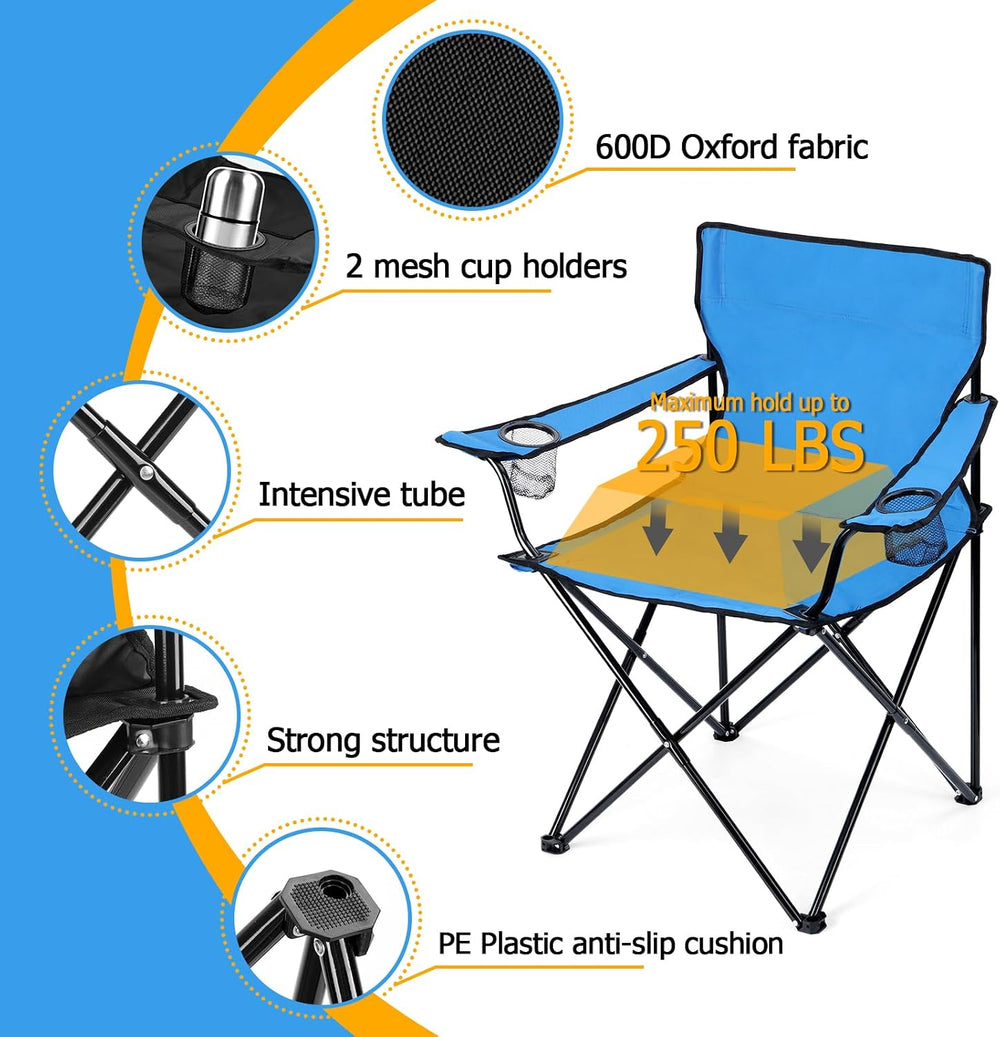 HaSteeL Folding Camping Chair Set of 3, Foldable Blue Camp Chairs & Grey ...