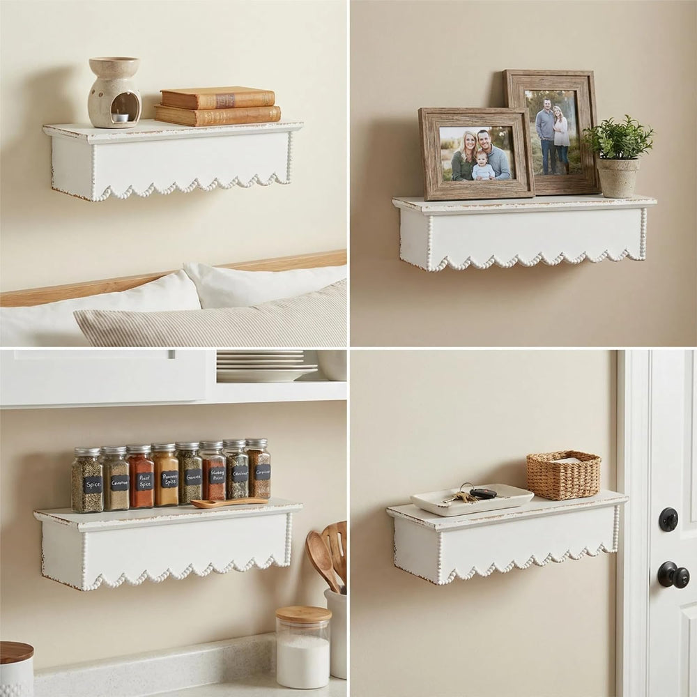 SOFE Rustic Distressed White Scalloped Shelves, Decorative Beaded Edge
