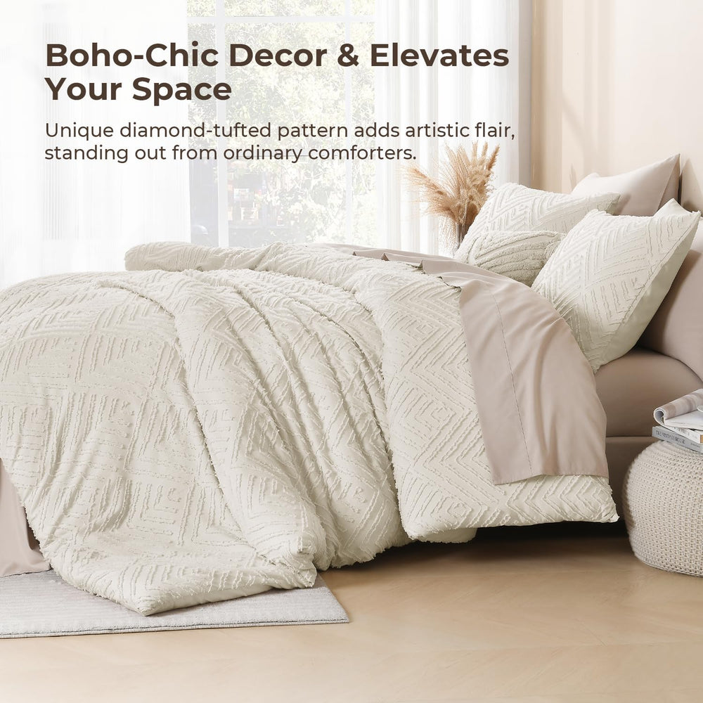 Litanika California King Comforter Set, 3 Pcs Beige Tufted Boho Bedding Set