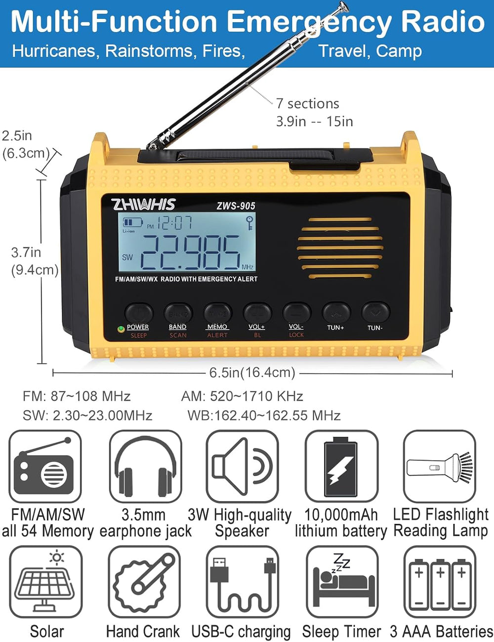 ZHIWHIS Emergency Radio with Auto NOAA Alerts, 10000mAh AM FM SW Weather Radi...
