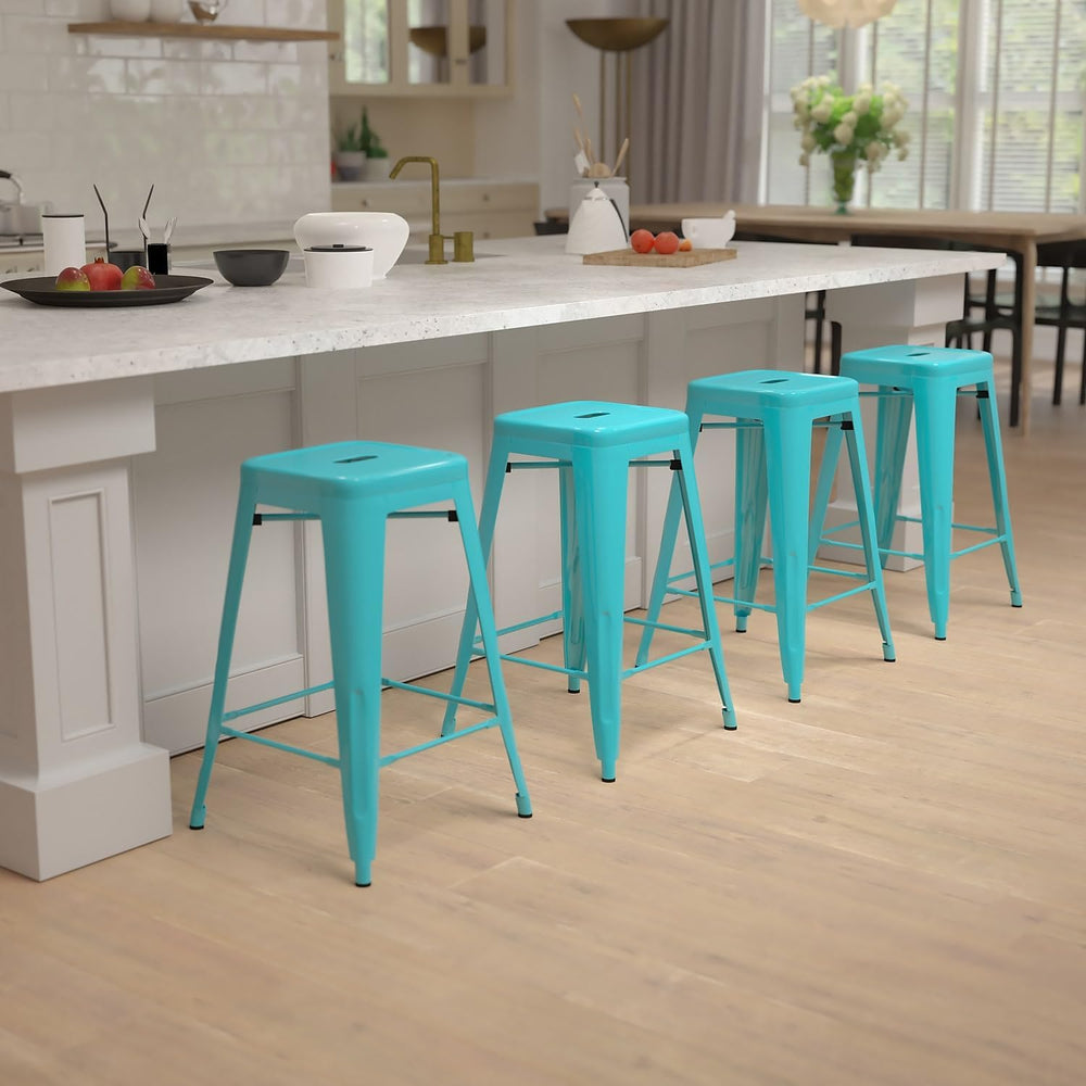 Flash Furniture 24 in Metal Stackable Counter Stool, Teal, 4-Pack