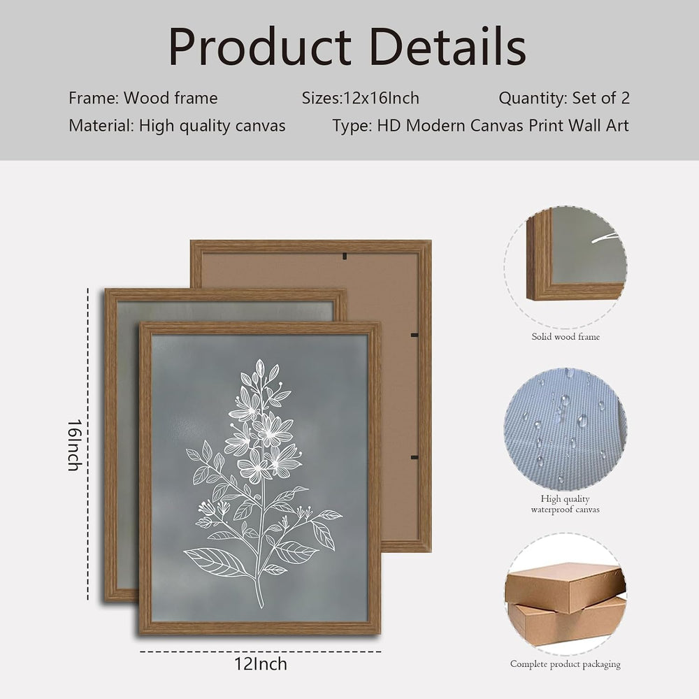 2pcs Framed Boho Botanical Wall Art Vintage Neutral Floral Canvas 12x16in
