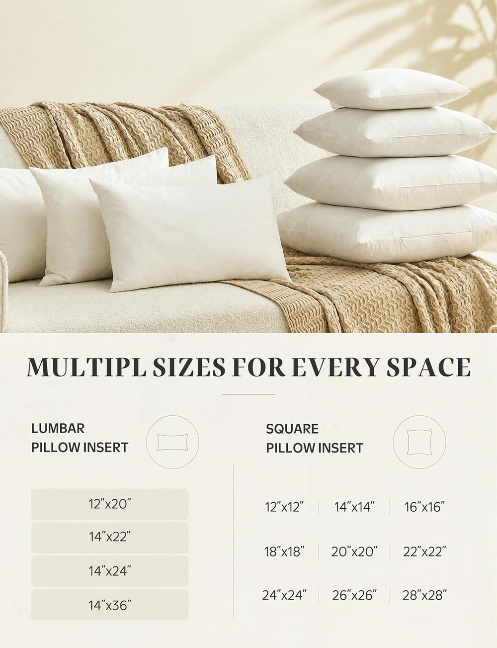 Organic Cotton Feather Down Throw Pillow Inserts 20x20 Set of 2