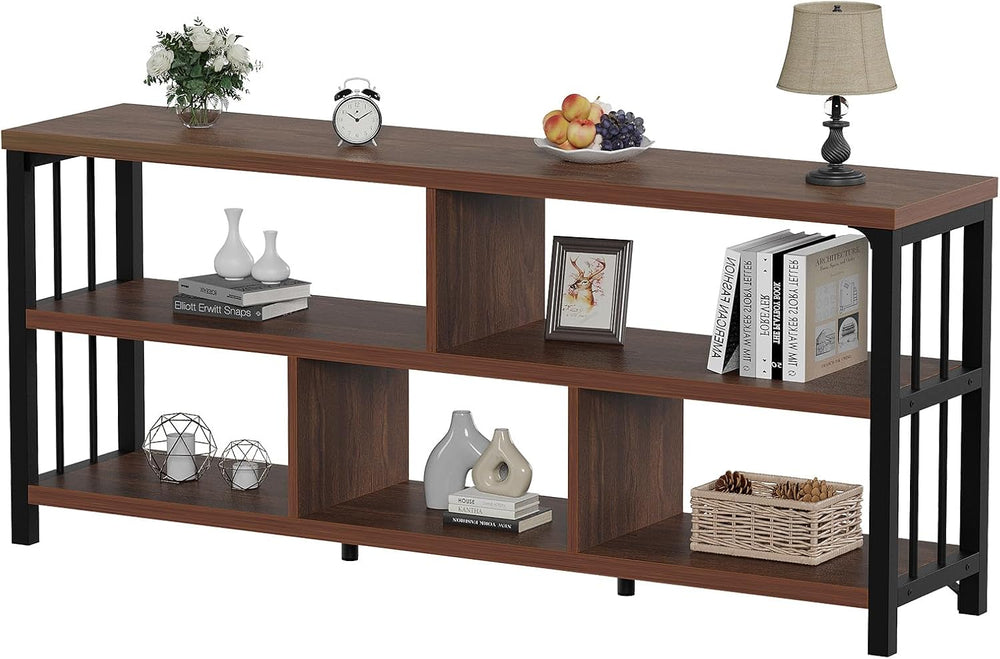 IBF 63” Long Horizontal Bookshelf, Wide Low Open Wood Bookcase, Walnut