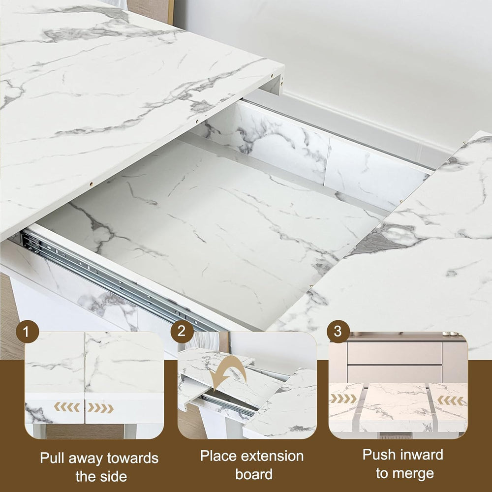 White Faux Marble Dining Room Table Set for 6, 7-Piece 63"-78.74" E...