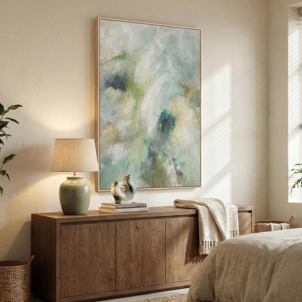 Extra Large Framed Teal Sage Green Abstract Wall Art, Vertical 40x60 In