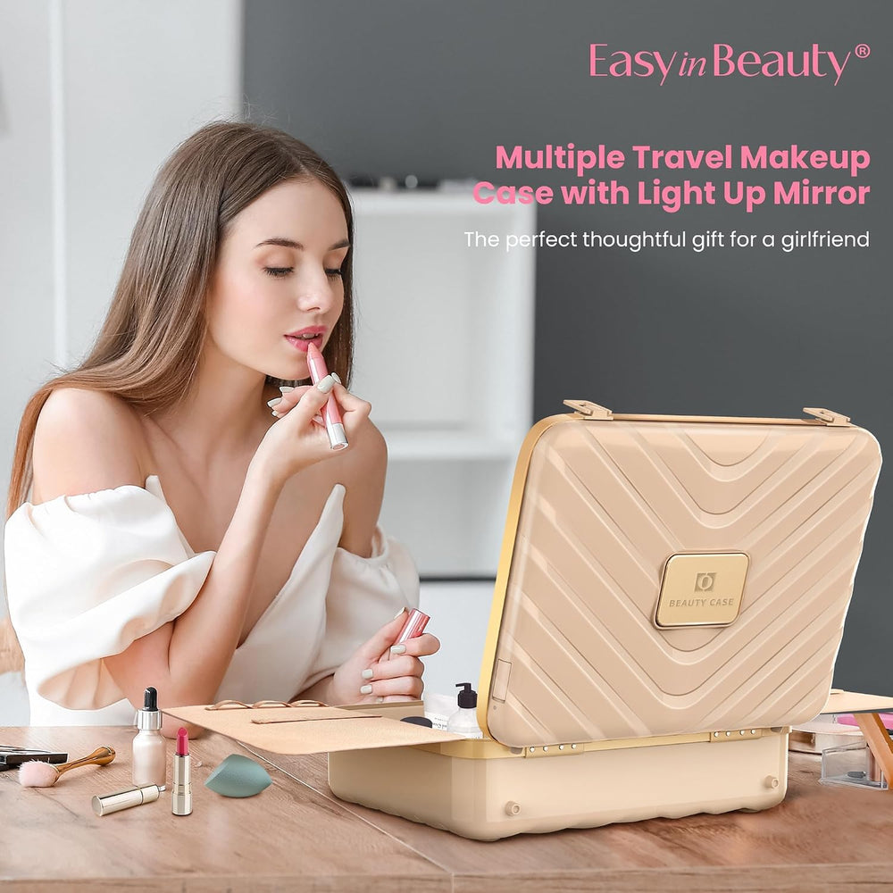 EASYINBEAUTY Makeup Travel Case with LED Lighted Mirror, Pink