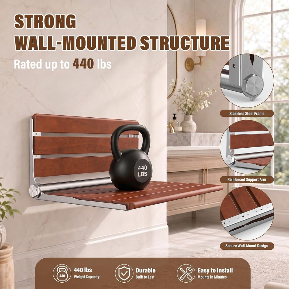 20" Folding Shower Seat Wall Mounted, Foldable Teak Shower Bench, Max 440lb