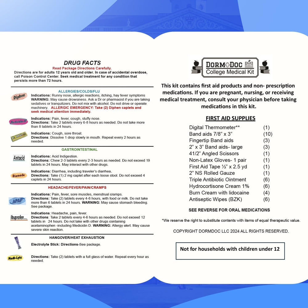 College 175pc Emergency First Aid Kit for Dorm Rooms (Blue)