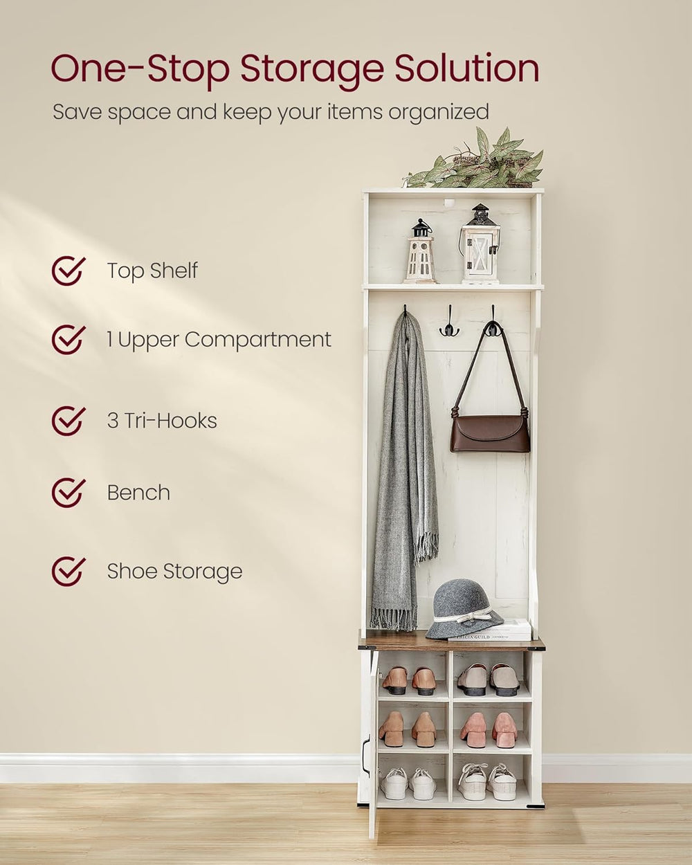 VASAGLE Hall Tree with Bench and Shoe Storage, 3 Tri-Hooks, Hinged Door
