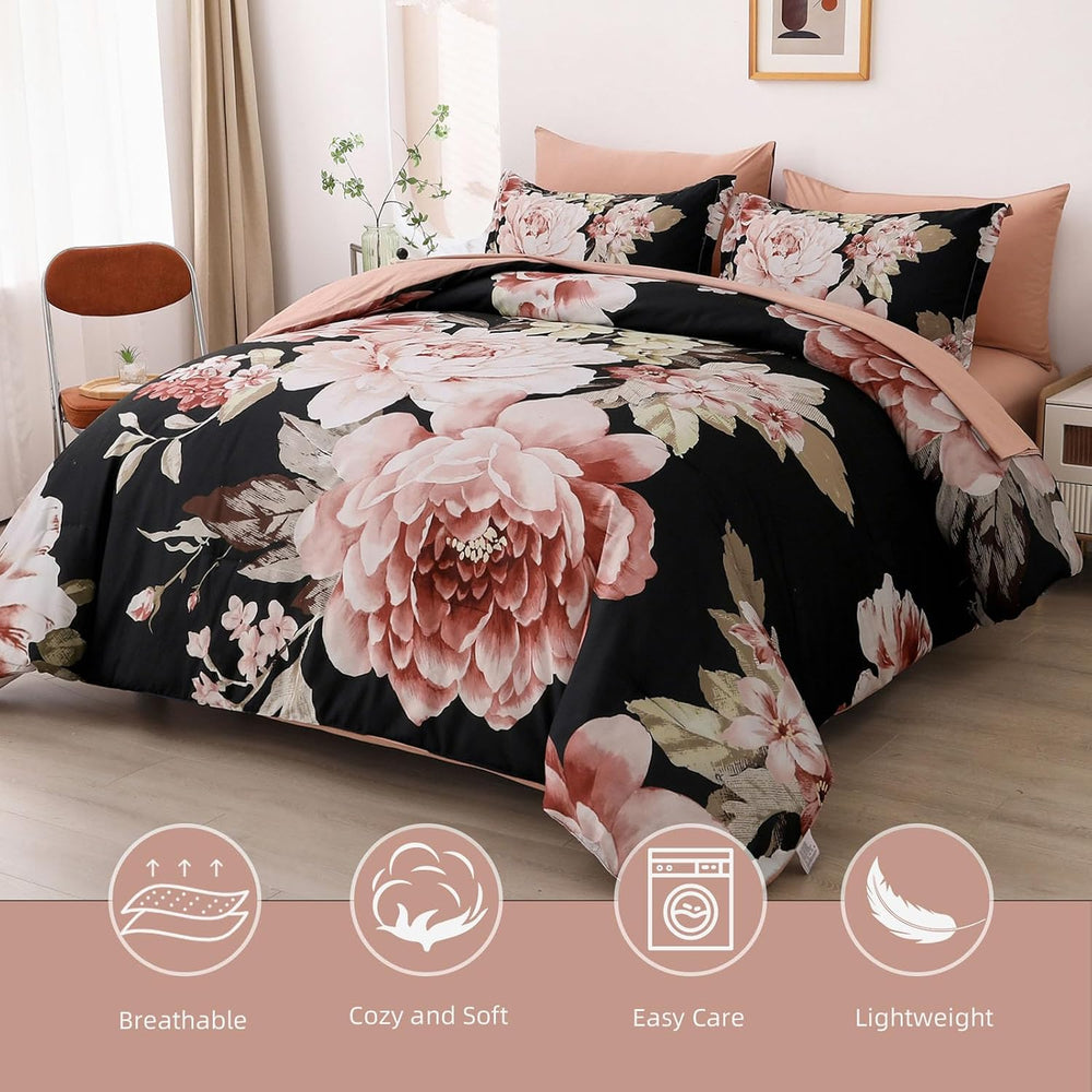 Floral Comforter Set California King Size, Black Pink Bed in a Bag